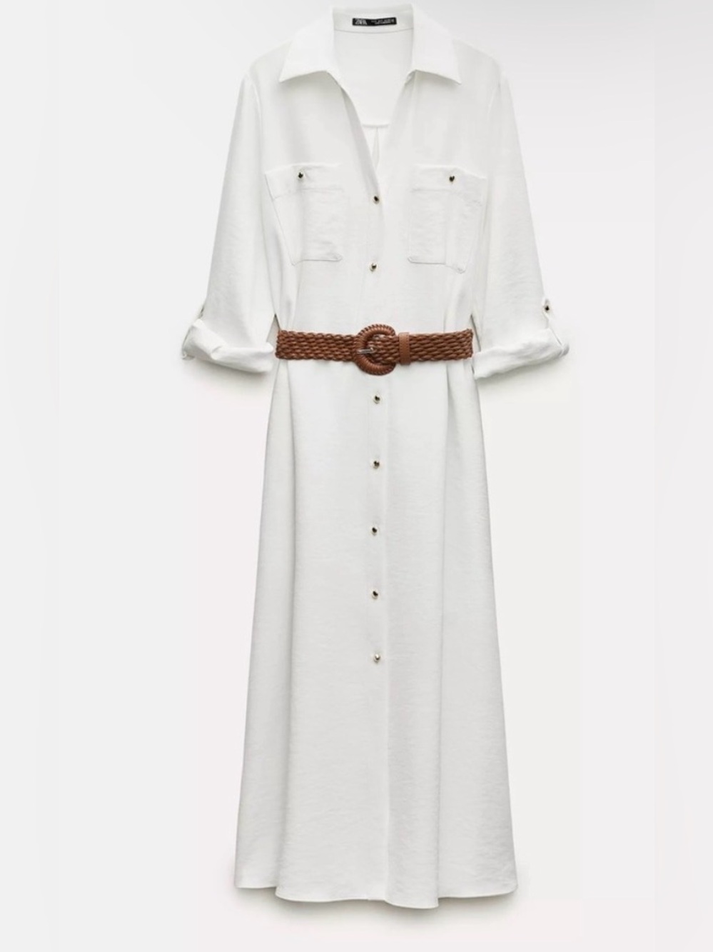 Zara White Maxi Shirt Dress with Brown Woven Belt